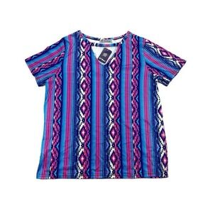Desheng Top Womens  Blue Pink Striped Short Sleeve Size M